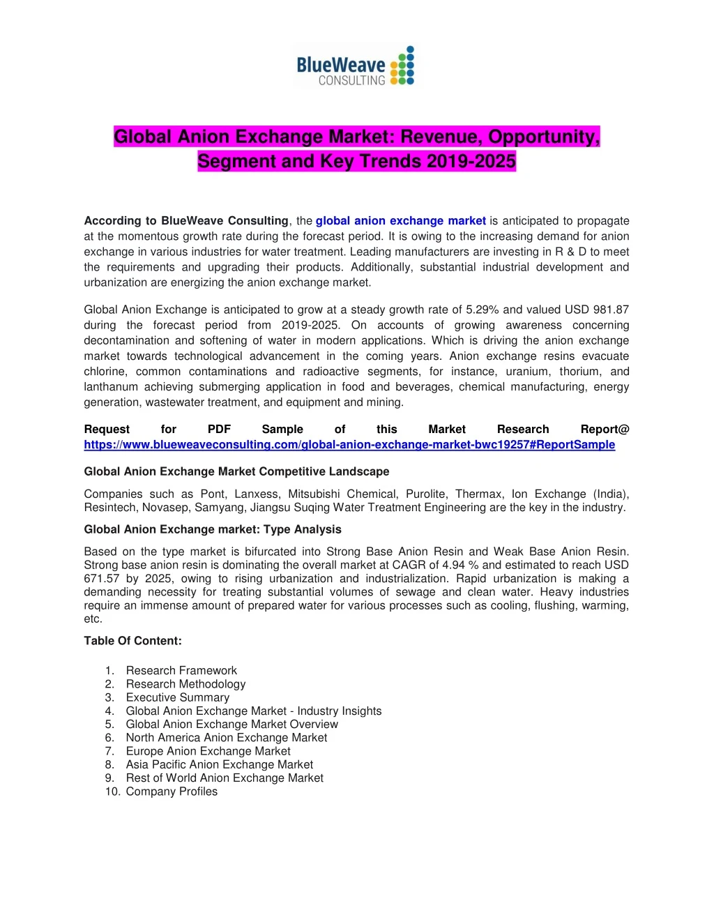global anion exchange market revenue opportunity