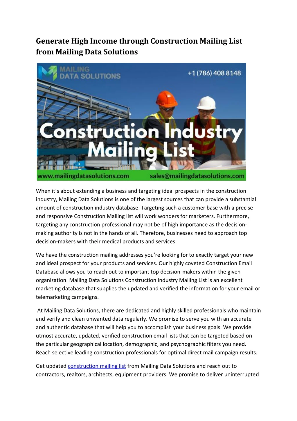 generate high income through construction mailing