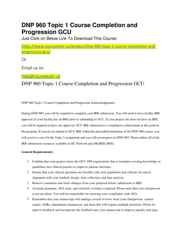 DNP 960 Topic 1 Course Completion and Progression GCU