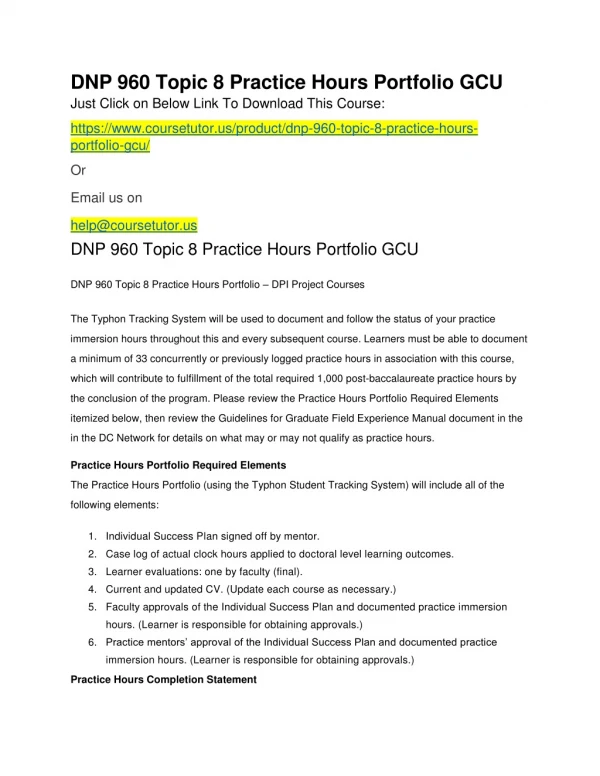 DNP 960 Topic 8 Practice Hours Portfolio GCU