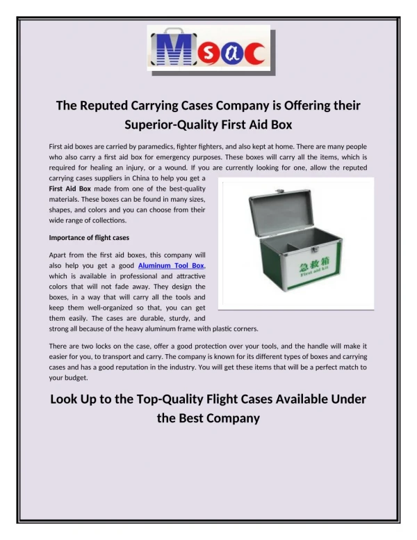 The Reputed Carrying Cases Company is Offering their Superior-Quality First Aid Box