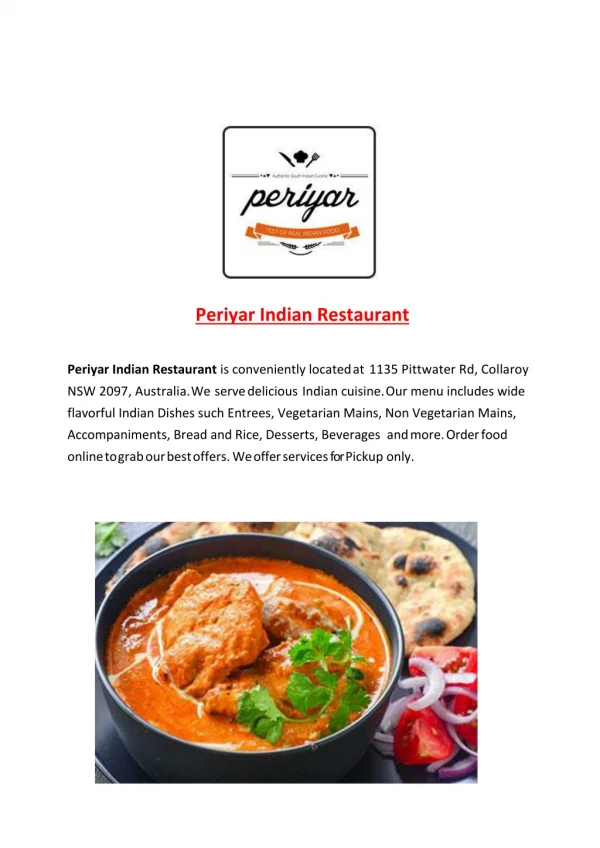 15% Off - Periyar Indian Restaurant-Collaroy - Order Food Online