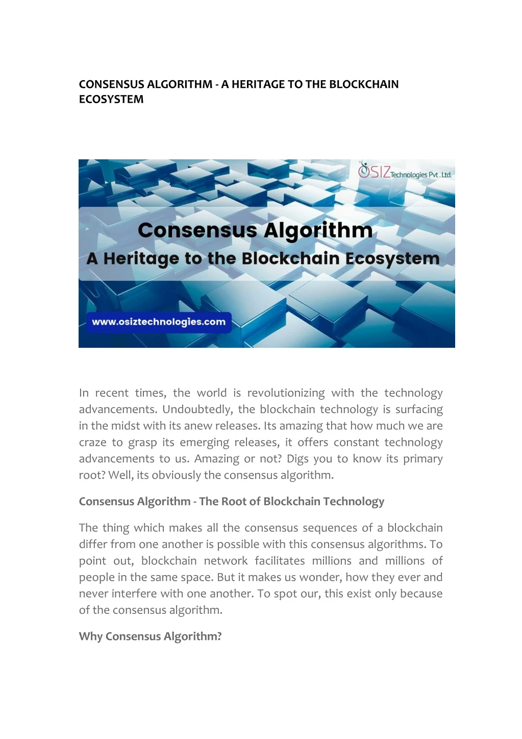 consensus algorithm a heritage to the blockchain