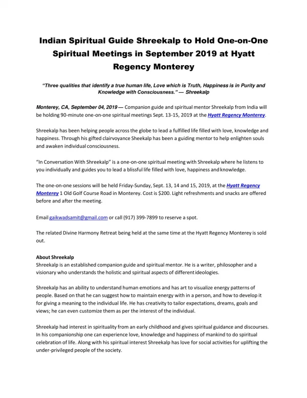 Indian Spiritual Guide Shreekalp to Hold One-on-One Spiritual Meetings in September 2019 at Hyatt Regency Monterey