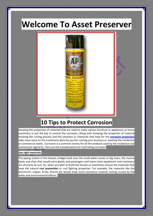 Corrosion protection spray, Corrosion Protection - www.assetpreserver.info
