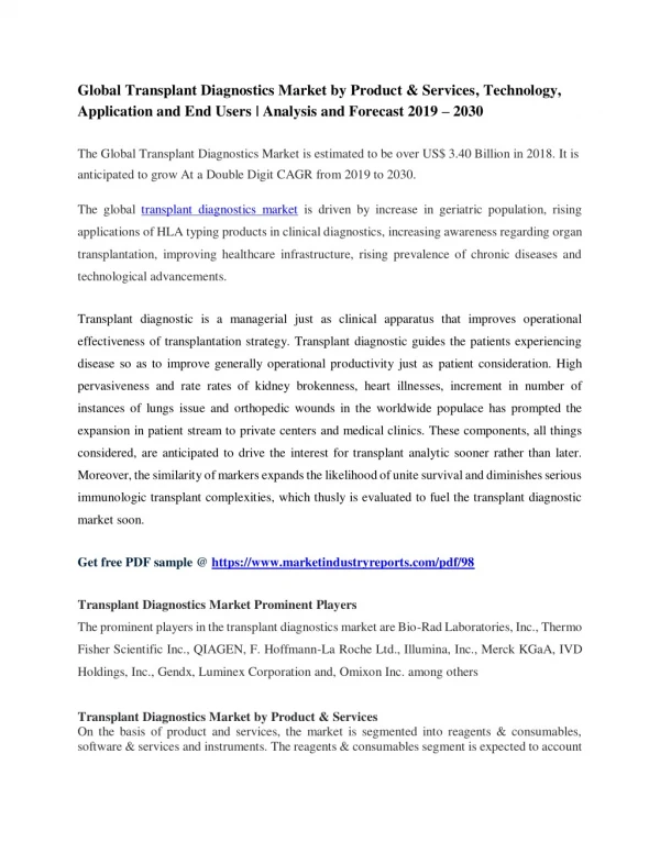 Worldwide Transplant Diagnostics Market: business Growth, Size, share and Trends 2019-2030