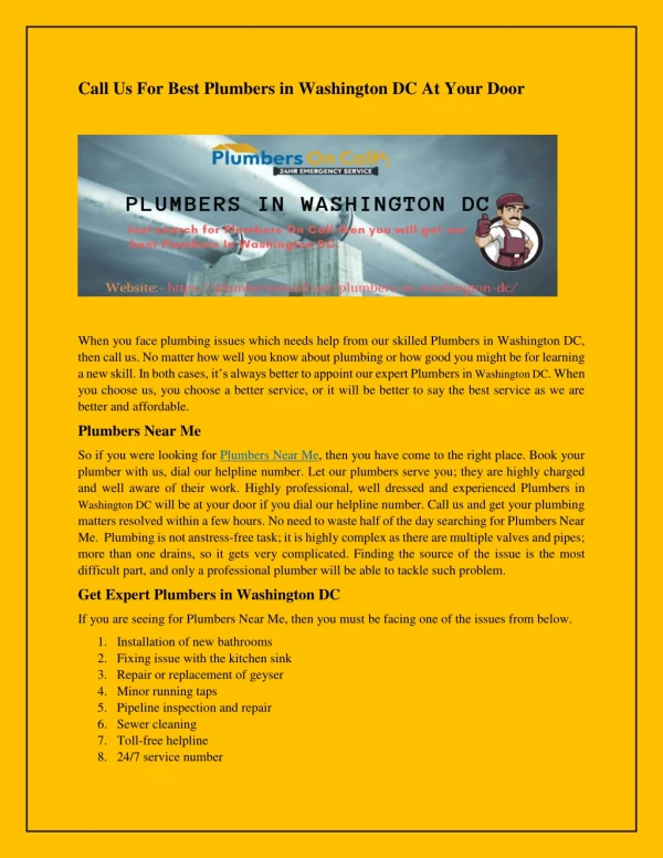 Call Us For Best Plumbers in Washington DC At Your Door
