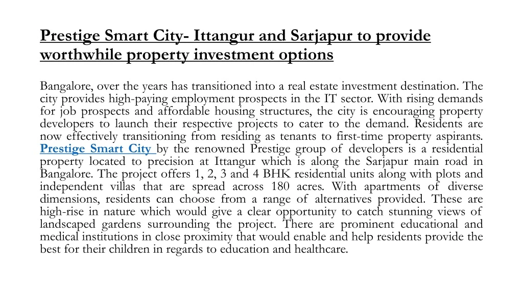 PPT Prestige Smart City Sarjapur Road PowerPoint Presentation Free   Prestige Smart City Ittangur And Sarjapur To Provide Worthwhile Property Investment Options N 