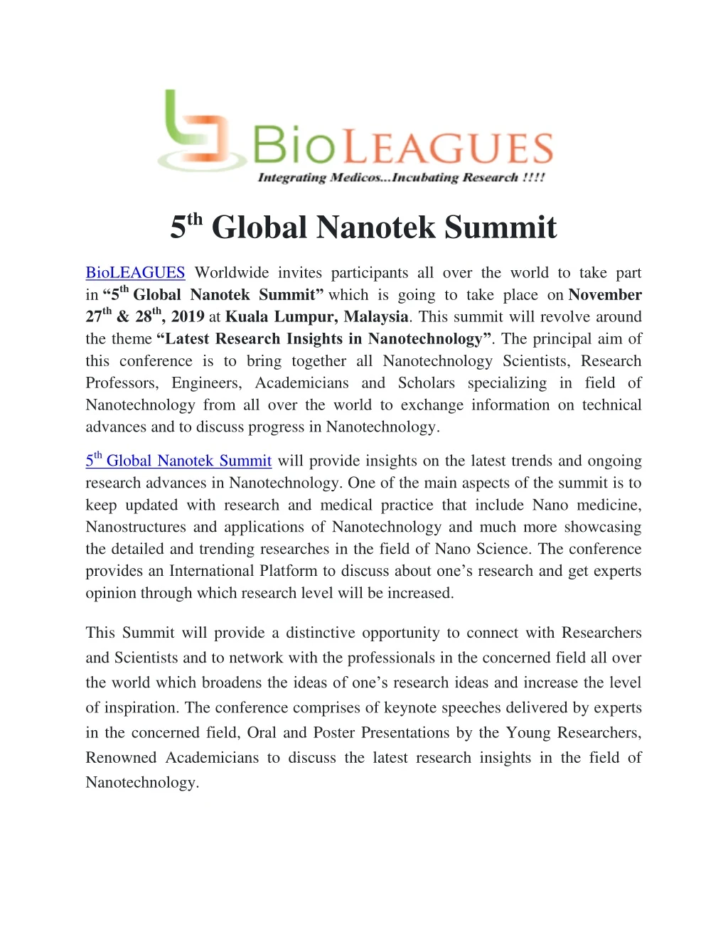 5 th global nanotek summit