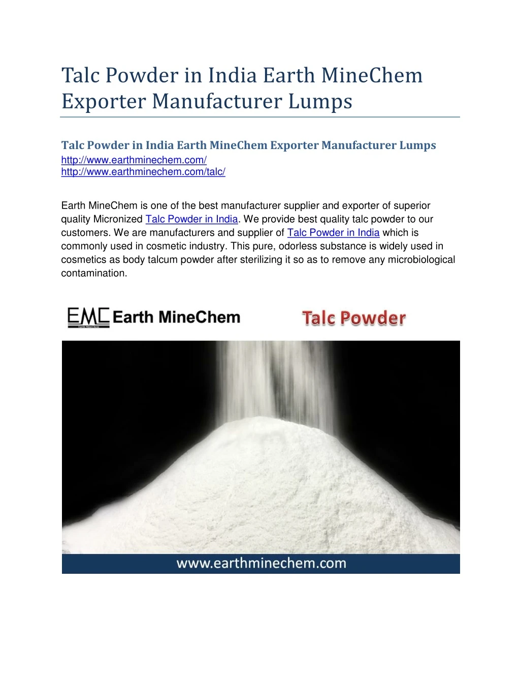 talc powder in india earth minechem exporter
