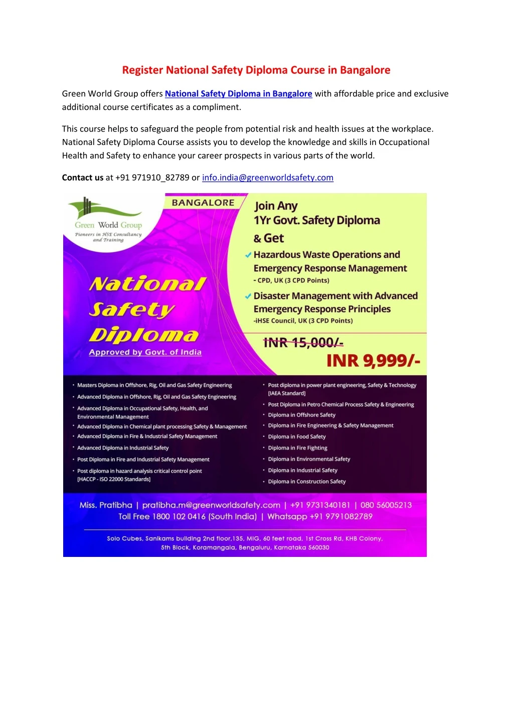register national safety diploma course