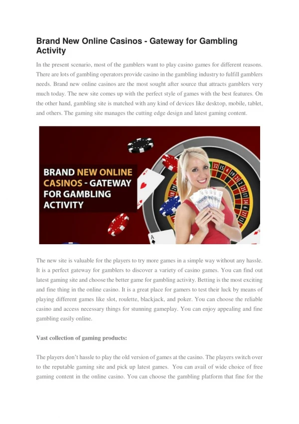 Brand New Online Casinos - Gateway for Gambling Activity