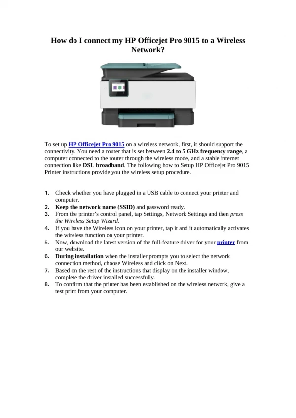 How do I connect my HP Officejet Pro 9015 to a Wireless Network?