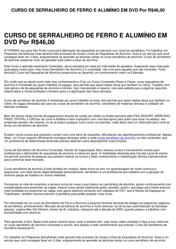 CURSO DE SERRALHEIRO DE FERRO E ALUMÍNIO EM DVD Por R$46,00