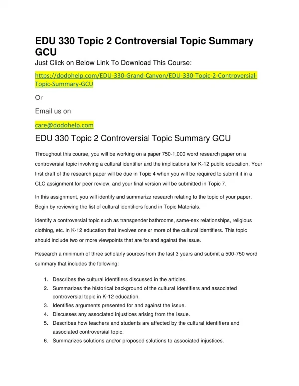 EDU 330 Topic 2 Controversial Topic Summary GCU