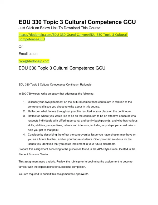 EDU 330 Topic 3 Cultural Competence GCU