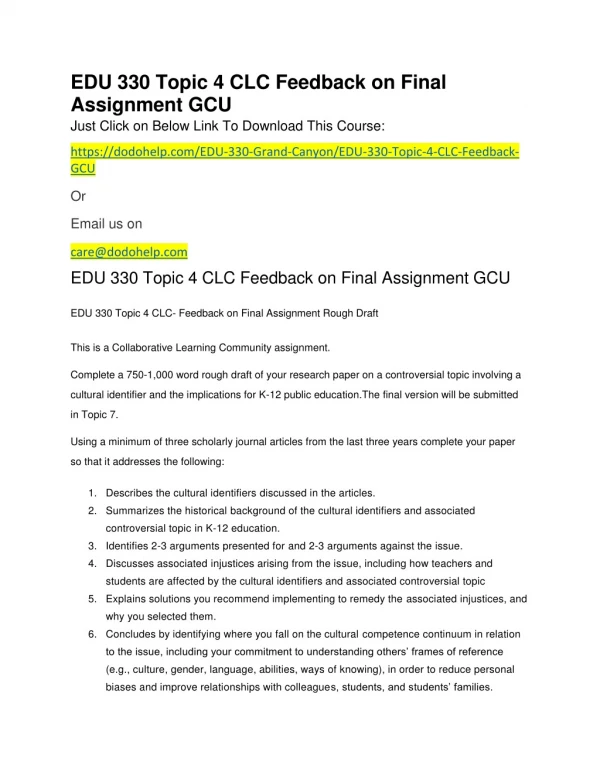 EDU 330 Topic 4 CLC Feedback on Final Assignment GCU