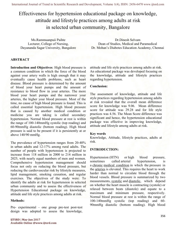 Effectiveness of hypertension educational package on knowledge, attitude and lifestyle practices among adults at risk in