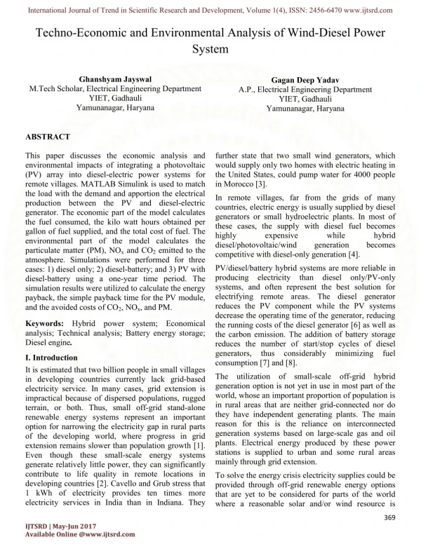 Techno-Economic and Environmental Analysis of Wind-Diesel Power System