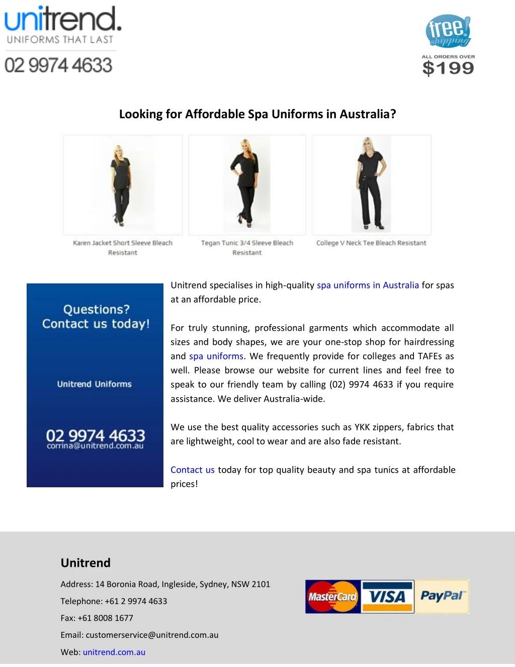 looking for affordable spa uniforms in australia