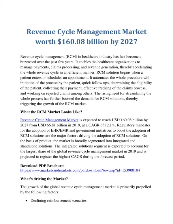 Revenue Cycle Management Market worth $160.08 billion by 2027