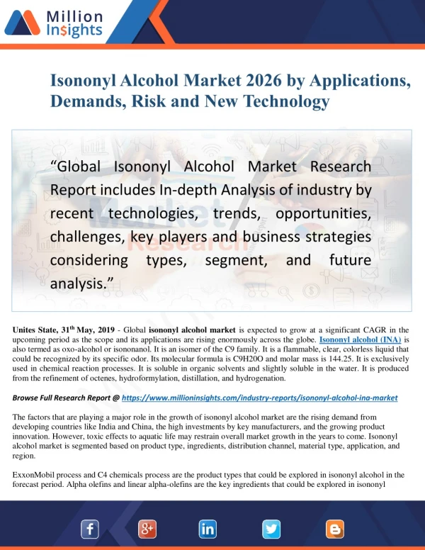 Isononyl Alcohol Industry Size, Share And Emerging Trends Report 2028