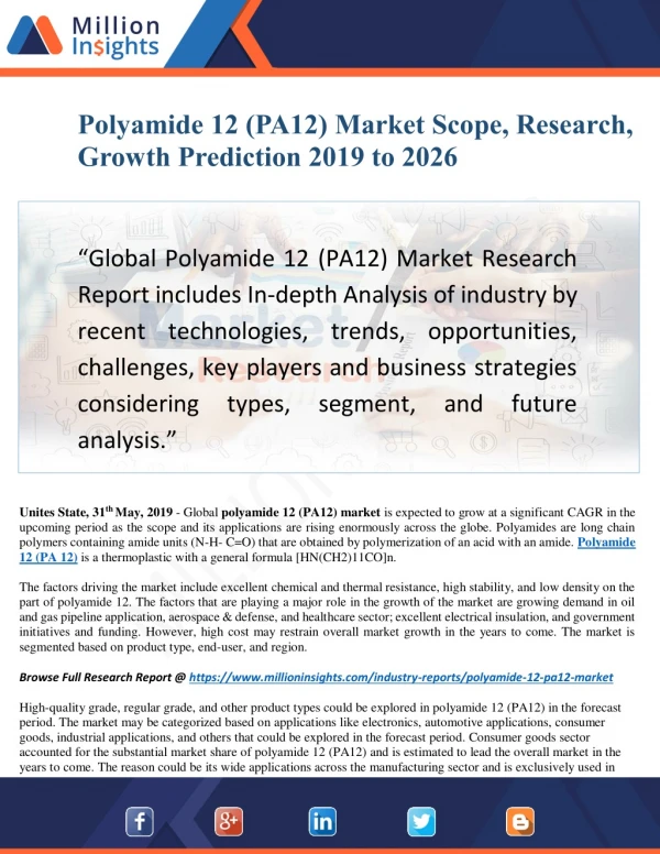 Polyamide 12 (PA12) Industry Application And Outlook Report From 2019 2028