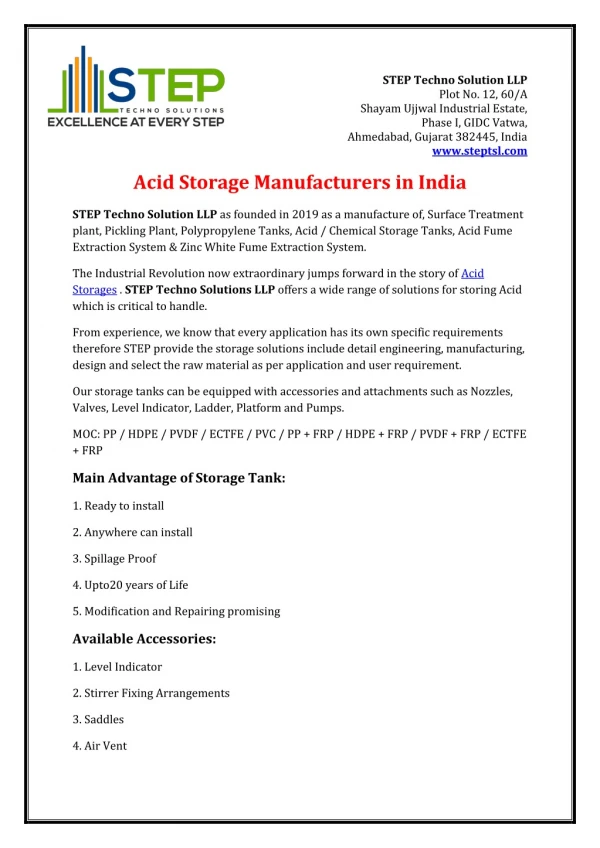 Acid Storage Tank Manufacturer in Ahmedabad,Gujarat,India