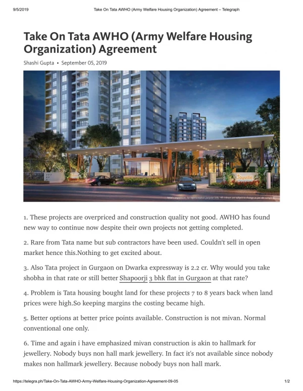 Take On Tata AWHO (Army Welfare Housing Organization) Agreement