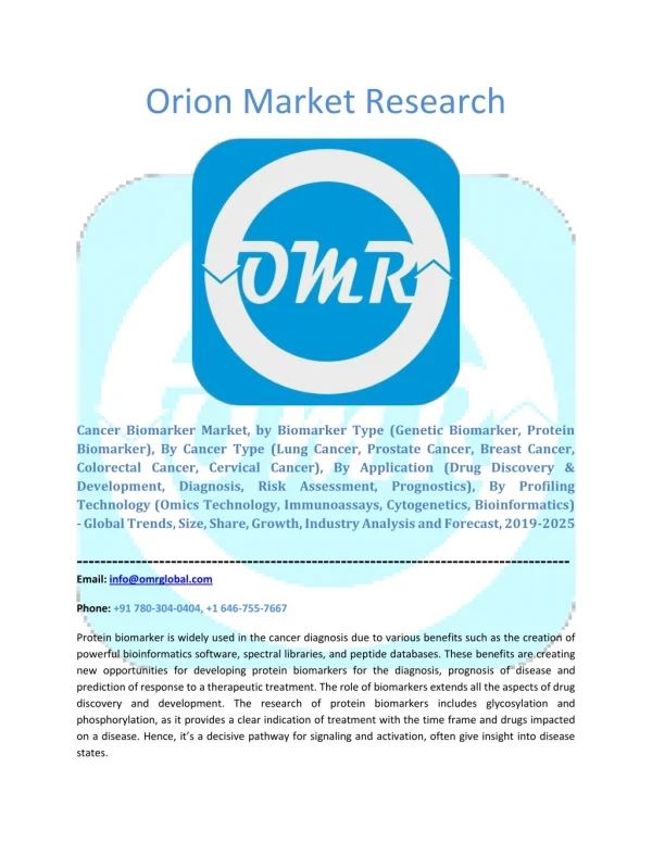 Cancer Biomarker Market: Global Market Size, Industry Growth, Future Prospects, Opportunities and Forecast 2019-2025