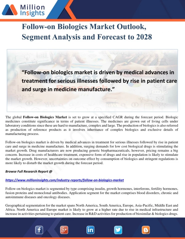 Follow-on Biologics Market Outlook, Segment Analysis and Forecast to 2028