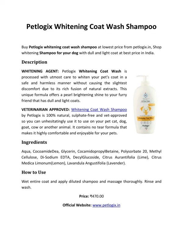 Petlogix whitening coat wash shampoo