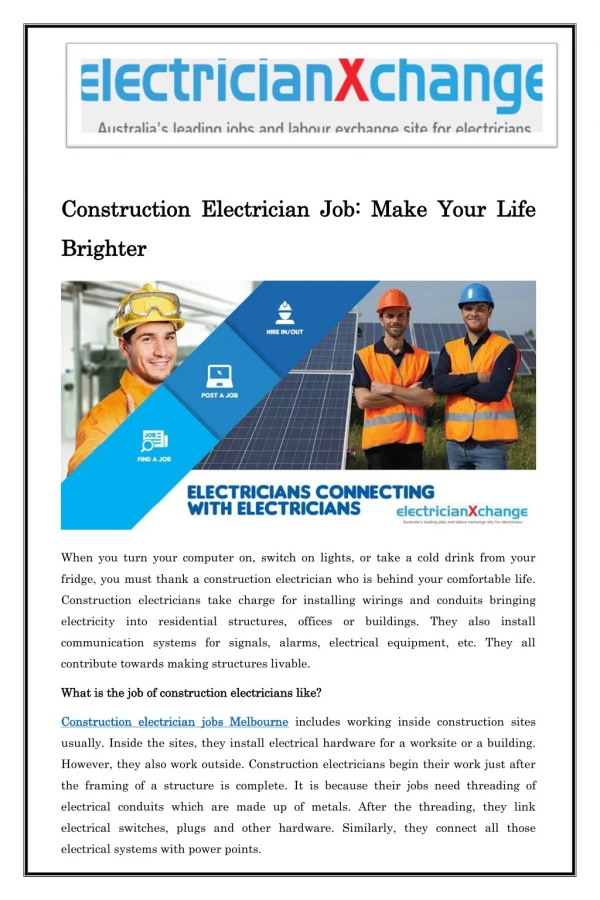 Construction Electrician Job: Make Your Life Brighter