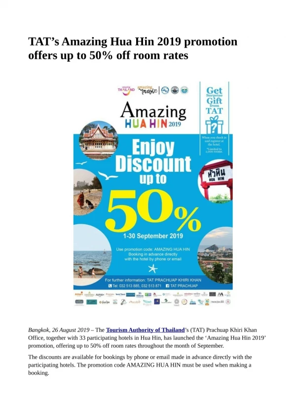 TAT's Amazing Hua Hin 2019 promotion offers up to 50% off room rates