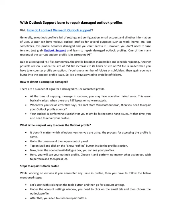 With Outlook Support learn to repair damaged outlook profiles