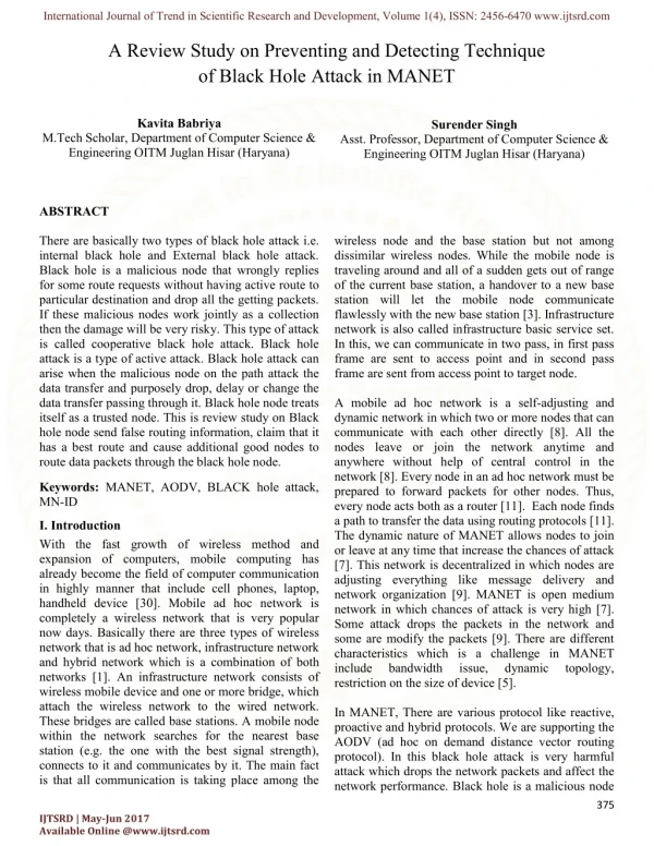 A Review Study on Preventing and Detecting Technique of Black Hole Attack in MANET