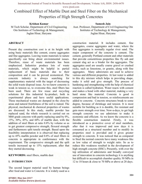 Combined Effect of Marble Dust and Steel Fiber on the Mechanical Properties of High Strength Concretes