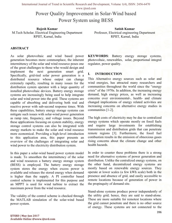 Power Quality Improvement in Solar-Wind based Power System using BESS