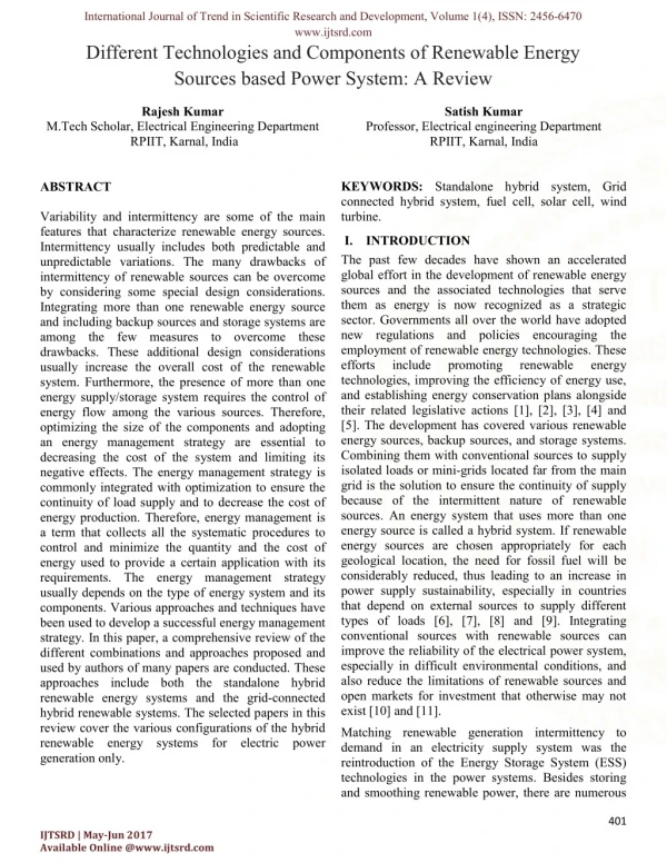 Different Technologies and Components of Renewable Energy Sources based Power System: A Review