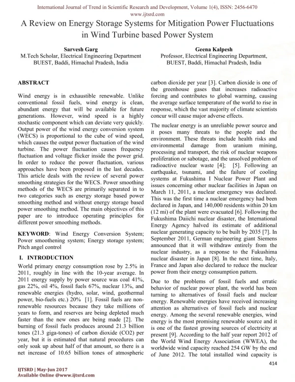 A Review on Energy Storage Systems for Mitigation Power Fluctuations in Wind Turbine based Power System