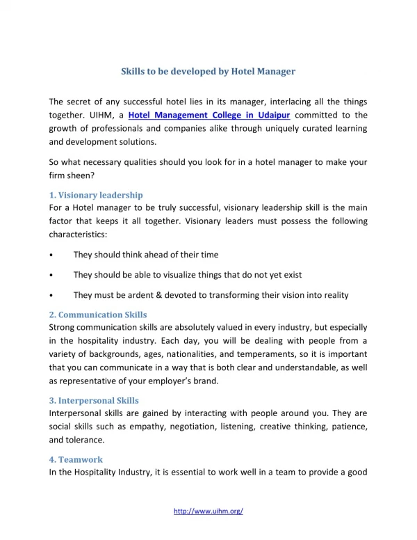 Skills to be developed by Hotel Manager