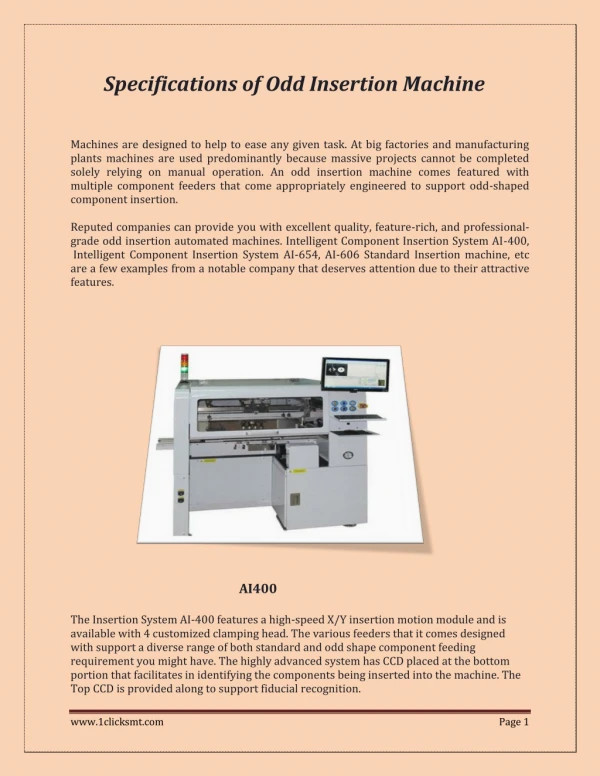 Specifications of Odd Insertion Machine