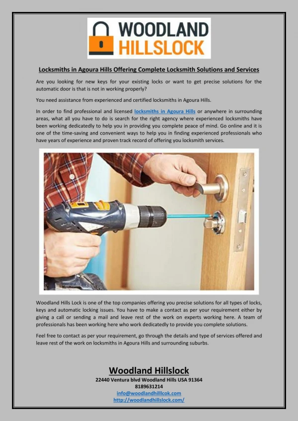 Locksmiths in Agoura Hills Offering Complete Locksmith Solutions and Services