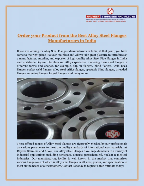 Order Your Product from the Best Alloy Steel Flanges Manufacturers in India