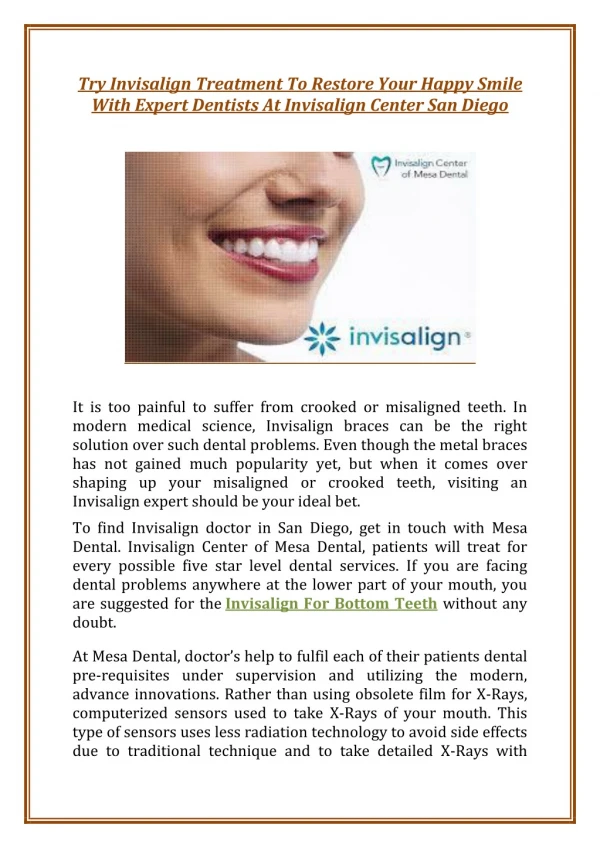 Try Invisalign Treatment To Restore Your Happy Smile With Expert Dentists At Invisalign Center San Diego