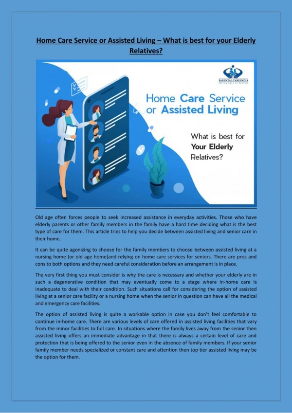 Home Care Service or Assisted Living – What is best for your Elderly Relatives?