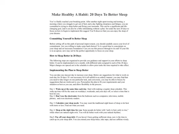 Make Healthy A Habit: 20 Days To Better Sleep