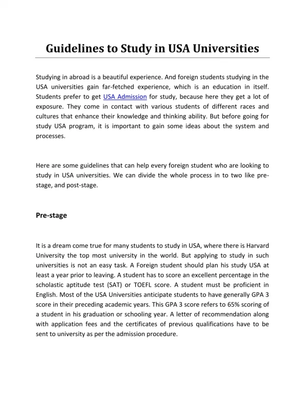 Guidelines to Study in USA Universities