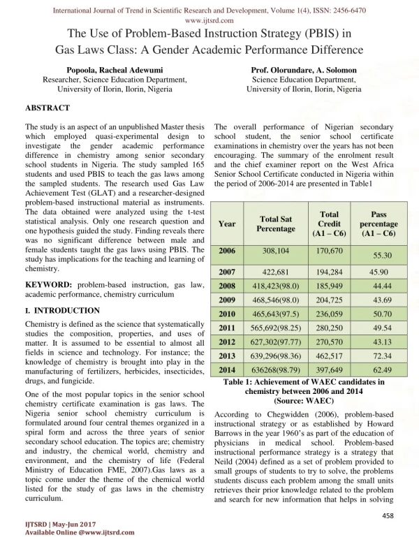 The Use of Problem Based Instruction Strategy PBIS in Gas Laws Class A Gender Academic Performance Difference