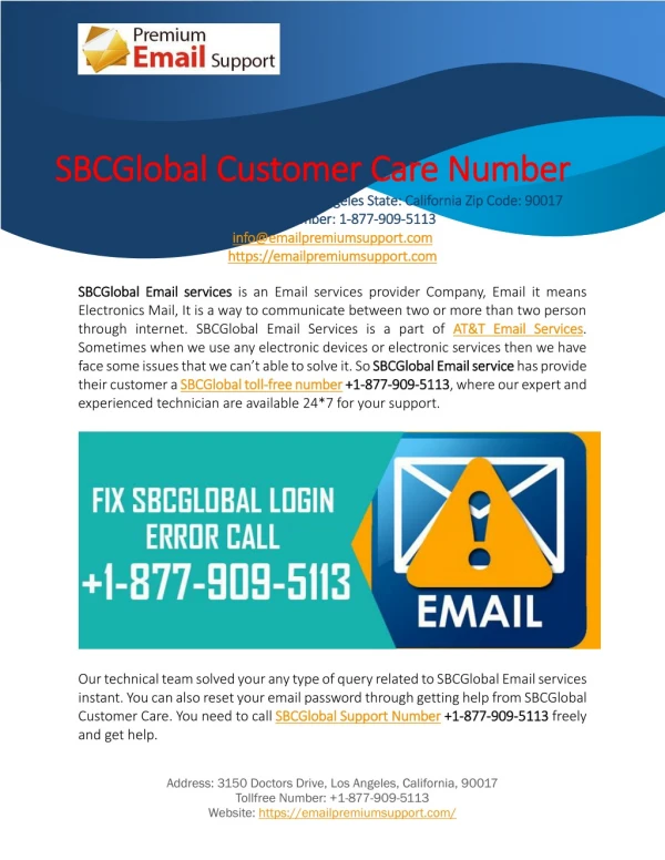 SBCGlobal Customer Care Number 1-877-9098-5113